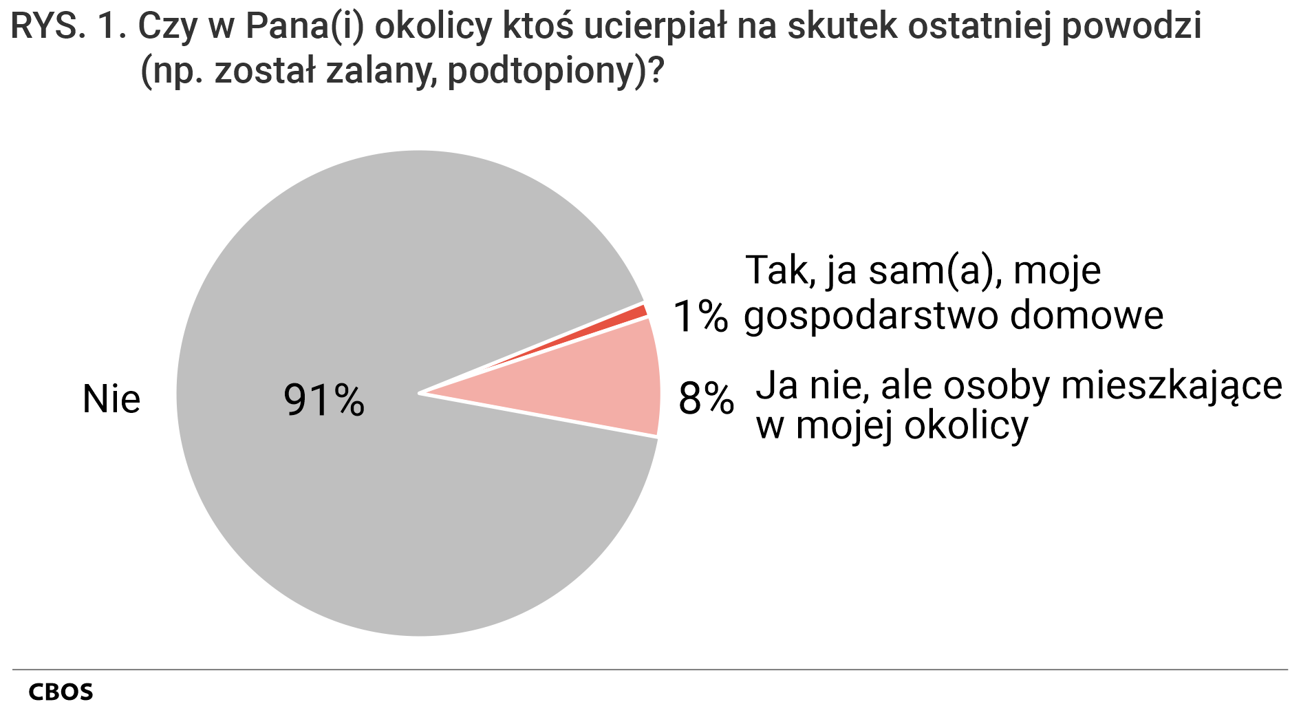 Rysunek 1 Wykres kołowy. Czy w Pana(i) okolicy ktoś ucierpiał na skutek ostatniej powodzi (np. został zalany, podtopiony)? Tak, ja sam(a), moje gospodarstwo domowe 1%; Ja nie, ale osoby mieszkające w mojej okolicy 8%; Nie 91%.