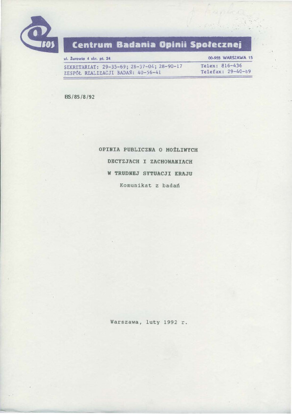 Okładka komunikatu BS/85/8/92