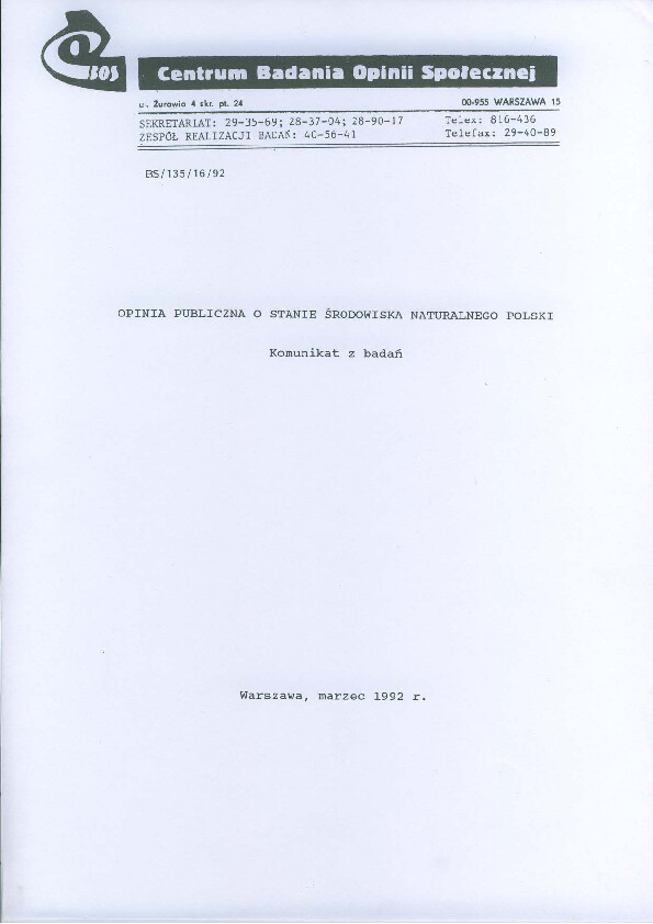 Okładka komunikatu BS/135/16/92