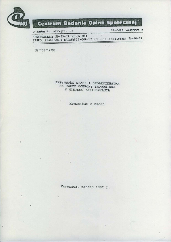 Okładka komunikatu BS/160/17/92