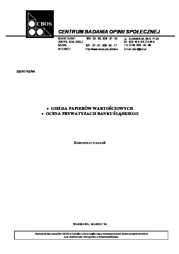 Okładka komunikatu BS/47/42/94