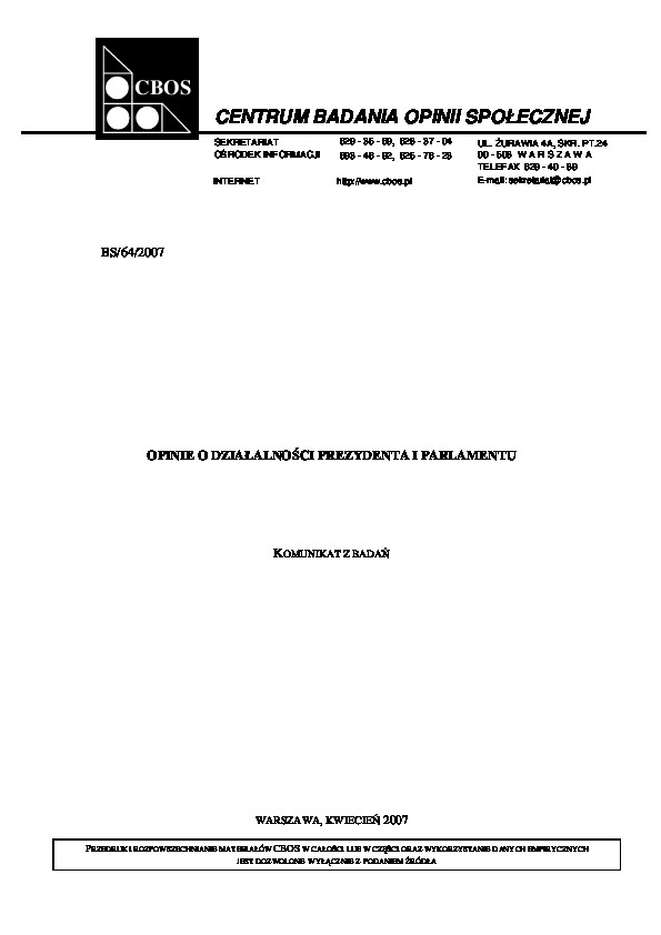 Okładka komunikatu BS/64/2007