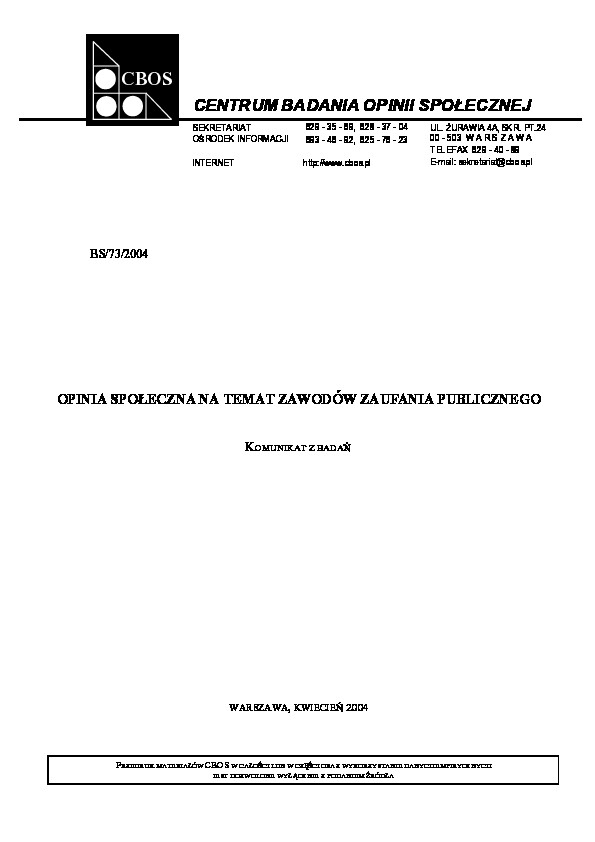 Okładka komunikatu BS/73/2004