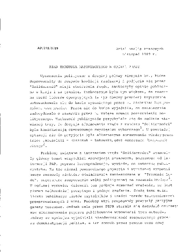 Okładka komunikatu AP/218/9/89