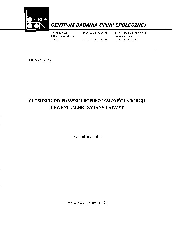 Okładka komunikatu BS/99/87/94