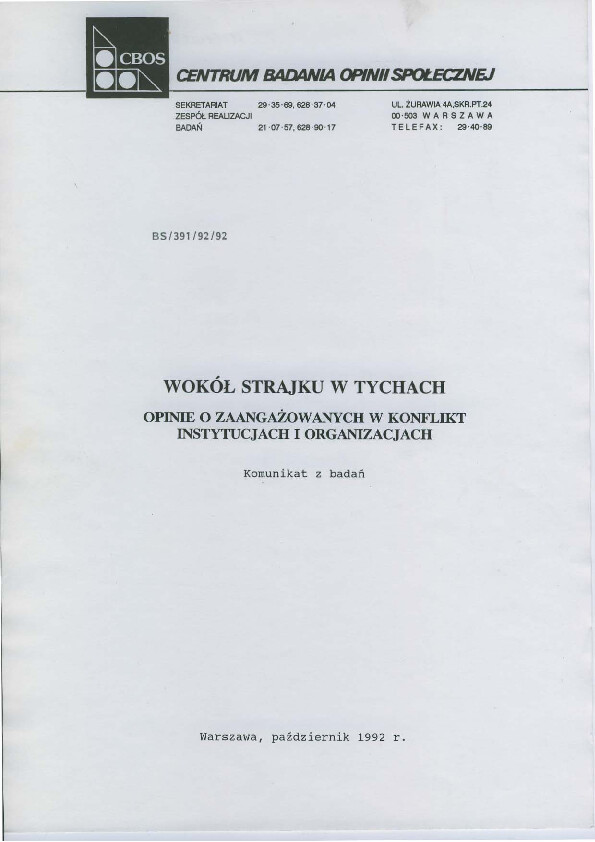 Okładka komunikatu BS/391/92/92