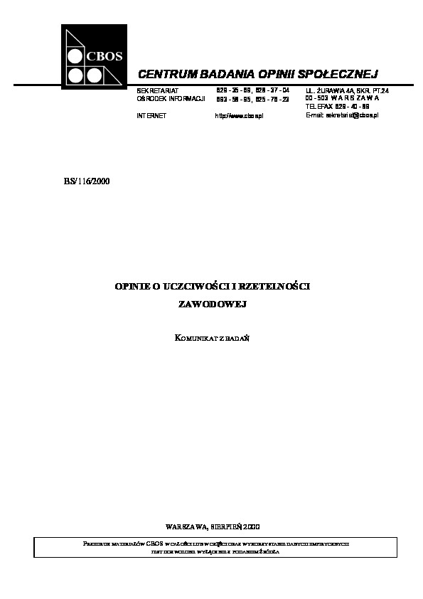 Okładka komunikatu BS/116/2000